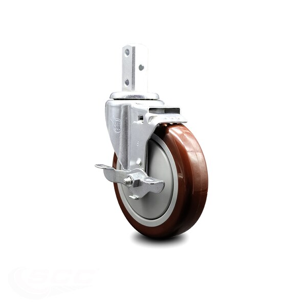 5 Inch Maroon Polyurethane Wheel Swivel 3/4 Inch Square Stem Caster with Brake